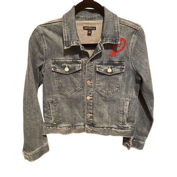 Women's Blue Denim Jacket With Red Rope Embroidery By J.Crew Mercantile - Size S - Picture 1 of 7